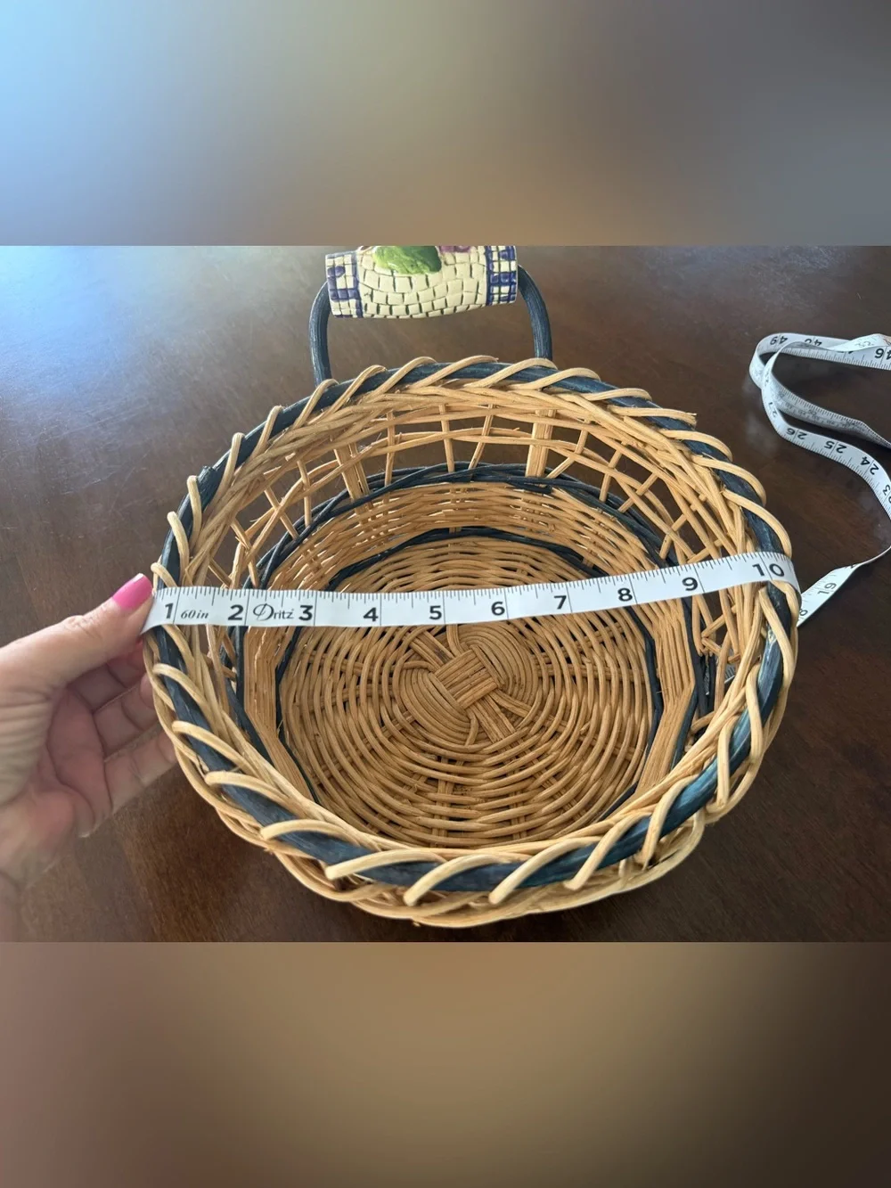 Vintage Wicker Basket Ceramic Grape Handle Blue Trim Cottage Farmhouse Decor